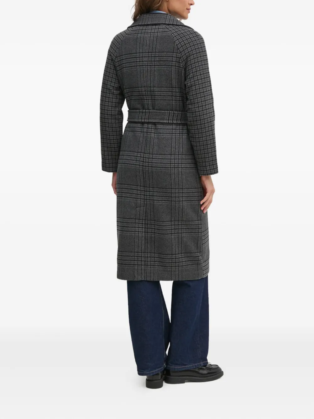 Benetton Belted Check Coat In Gray