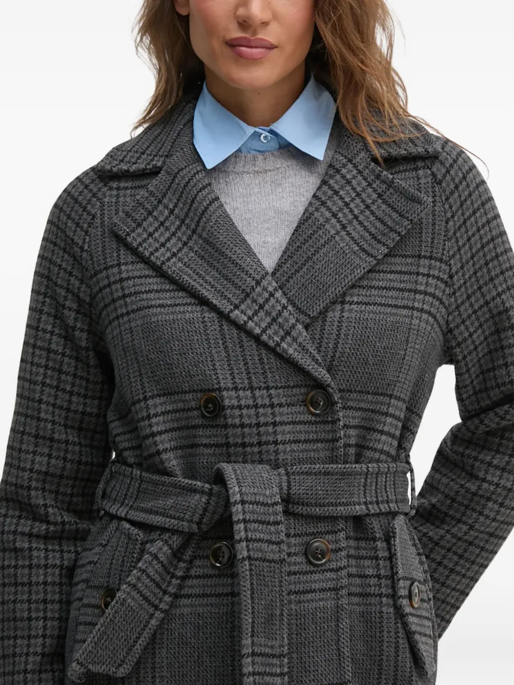 Benetton Belted Check Coat In Gray