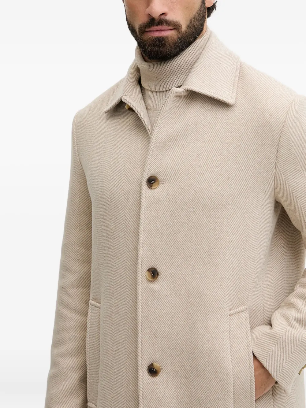 Benetton Button Herringbone Coat In Neutral