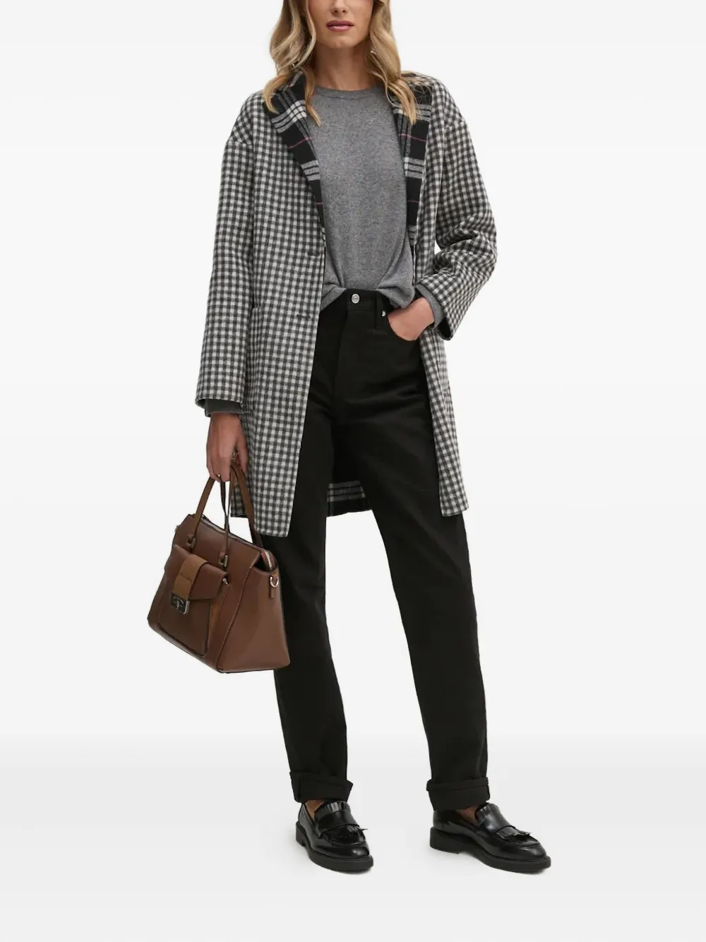 Benetton Reversible Check-pattern Coat In Black