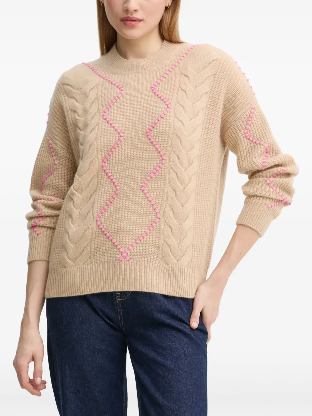 FROM FUTURE Bestickter Pullover mit Zopfmuster | Nude | Image 1