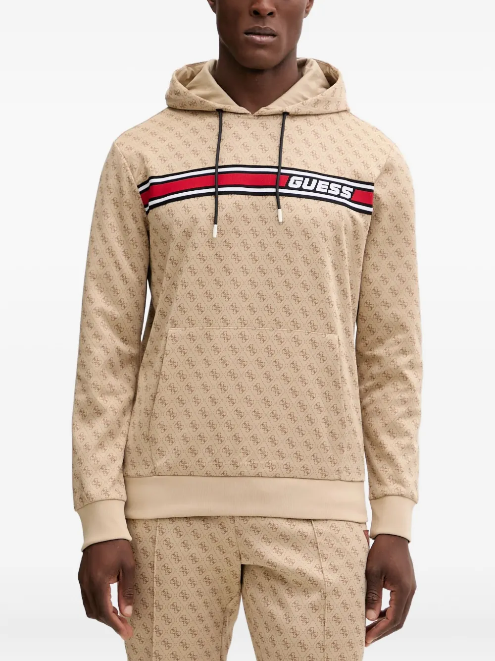 GUESS USA monogram-pattern drawstring hoodie | Neutrals | Image 1