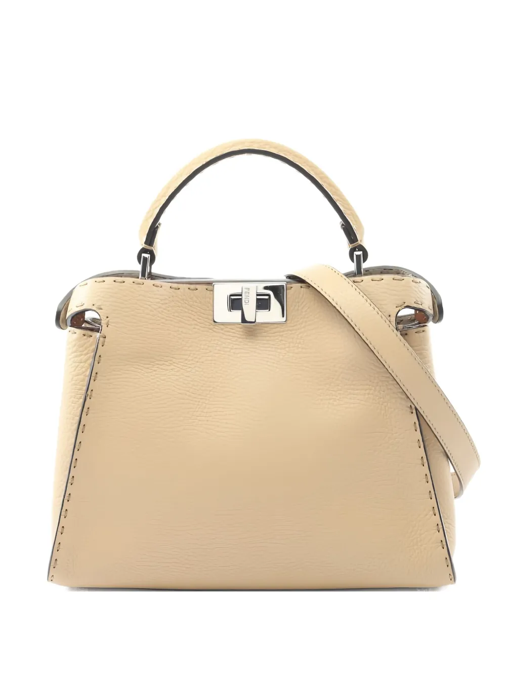 Pre-owned Fendi 2010s Peekaboo Essential Stitched Leather Tote Bag In Neutral