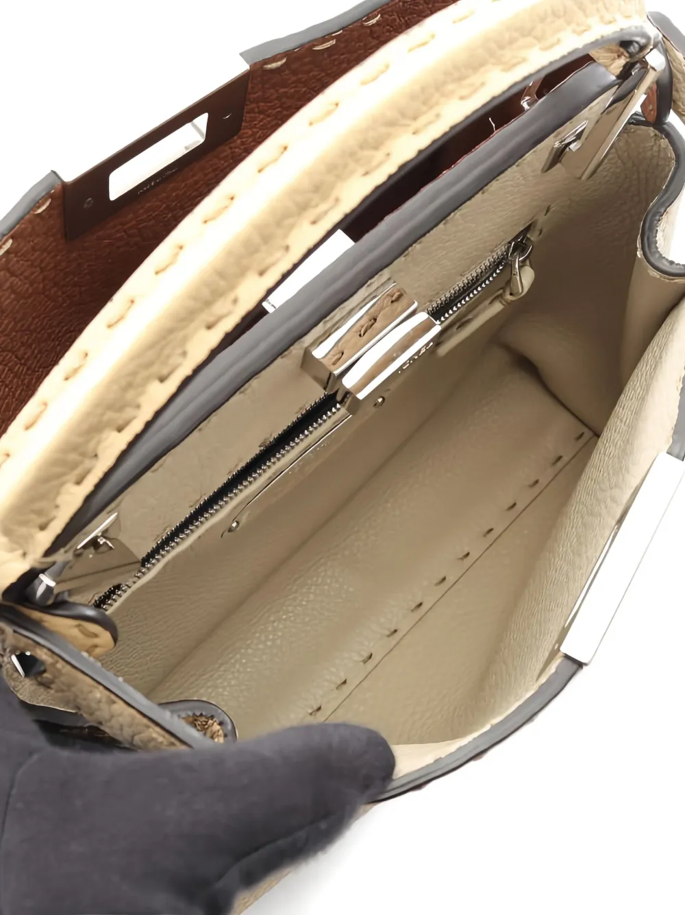 Pre-owned Fendi 2010s Peekaboo Essential Stitched Leather Tote Bag In Neutral