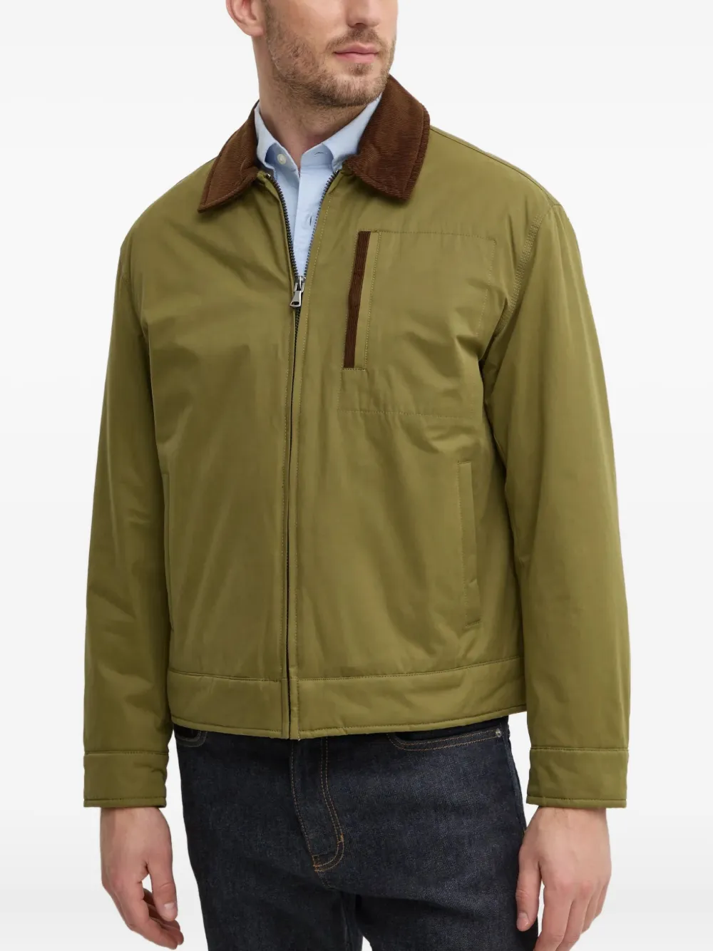 Benetton Corduroy-collar Zip Jacket In Green