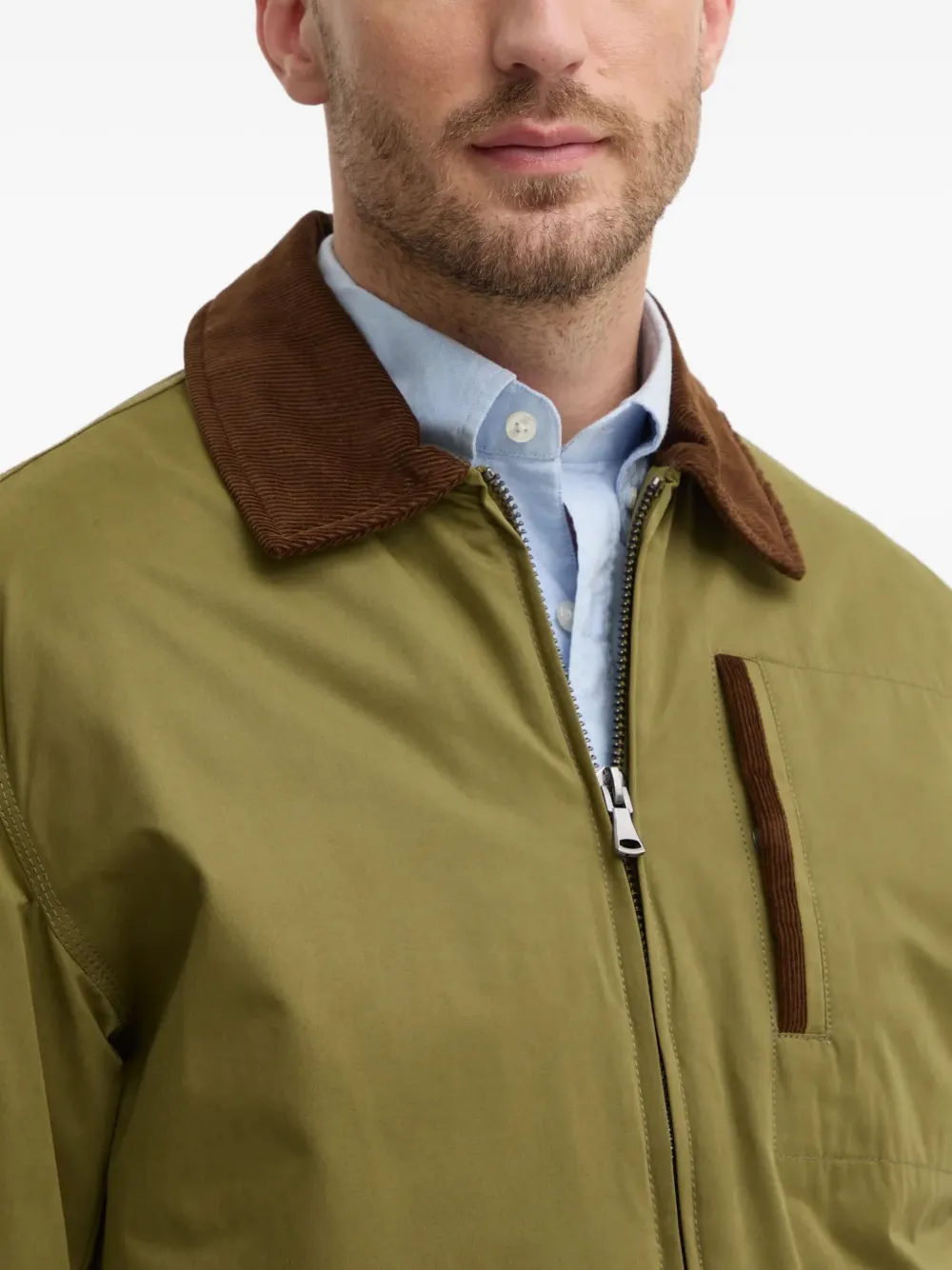Benetton Corduroy-collar Zip Jacket In Green