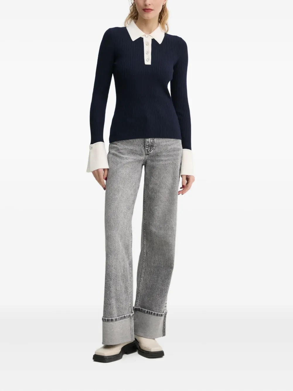 FROM FUTURE button ribbed polo top - Blauw