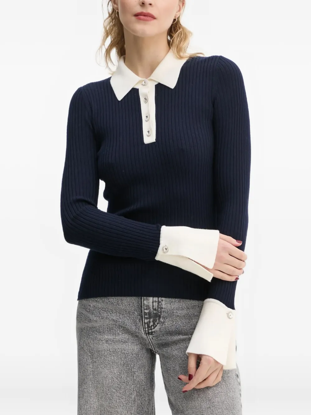 FROM FUTURE button ribbed polo top | Blue | Image 1