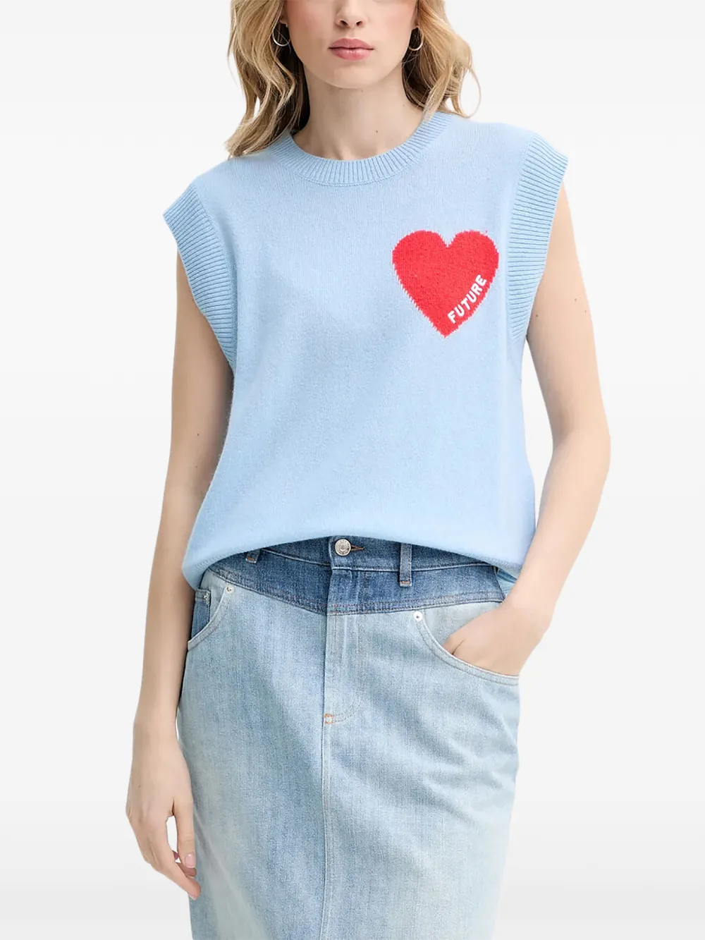 FROM FUTURE Top smanicato con motivo cuore - Blu