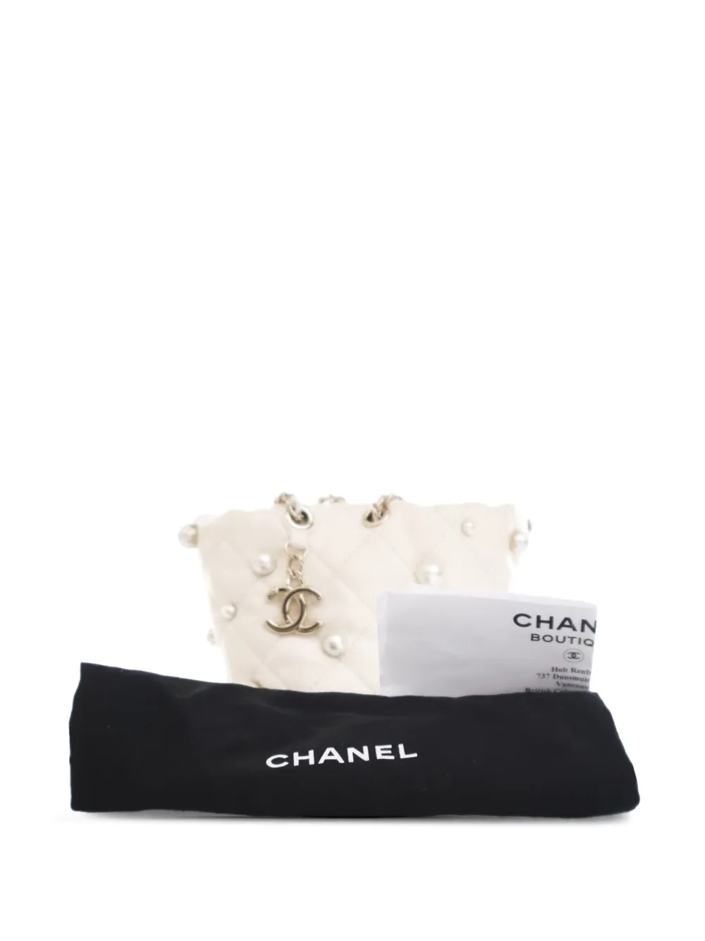 CHANEL Pre-owned 2021 Mini Quilted Lambskin About Pearls Drawstring Bucket Bag In White