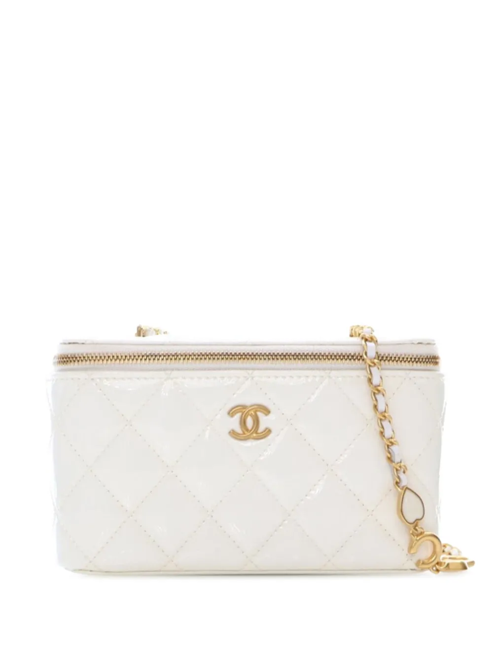 Pre-owned Chanel 2021-2025 Small Quilted Patent Coco Heart Charms Vanity Case With Chain Crossbody Bag In White