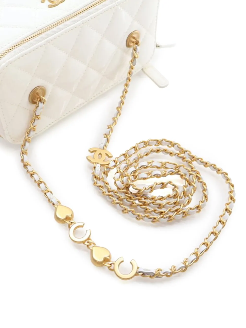 Pre-owned Chanel 2021-2025 Small Quilted Patent Coco Heart Charms Vanity Case With Chain Crossbody Bag In White