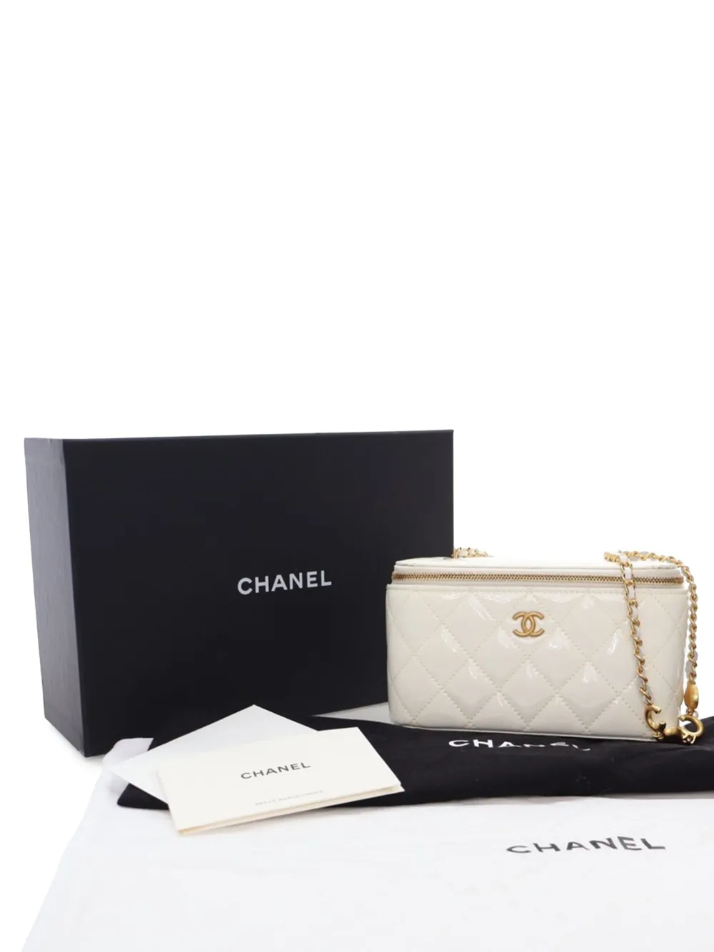 Pre-owned Chanel 2021-2025 Small Quilted Patent Coco Heart Charms Vanity Case With Chain Crossbody Bag In White