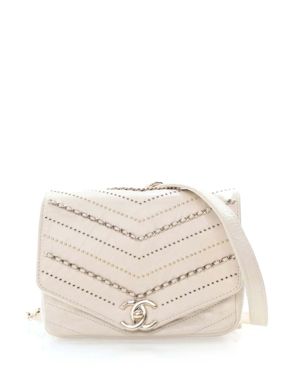 CHANEL Pre-Owned 2018-2019 Mini Chevron Crinkled Calfskin Embellished Envelope Flap crossbody bag - White