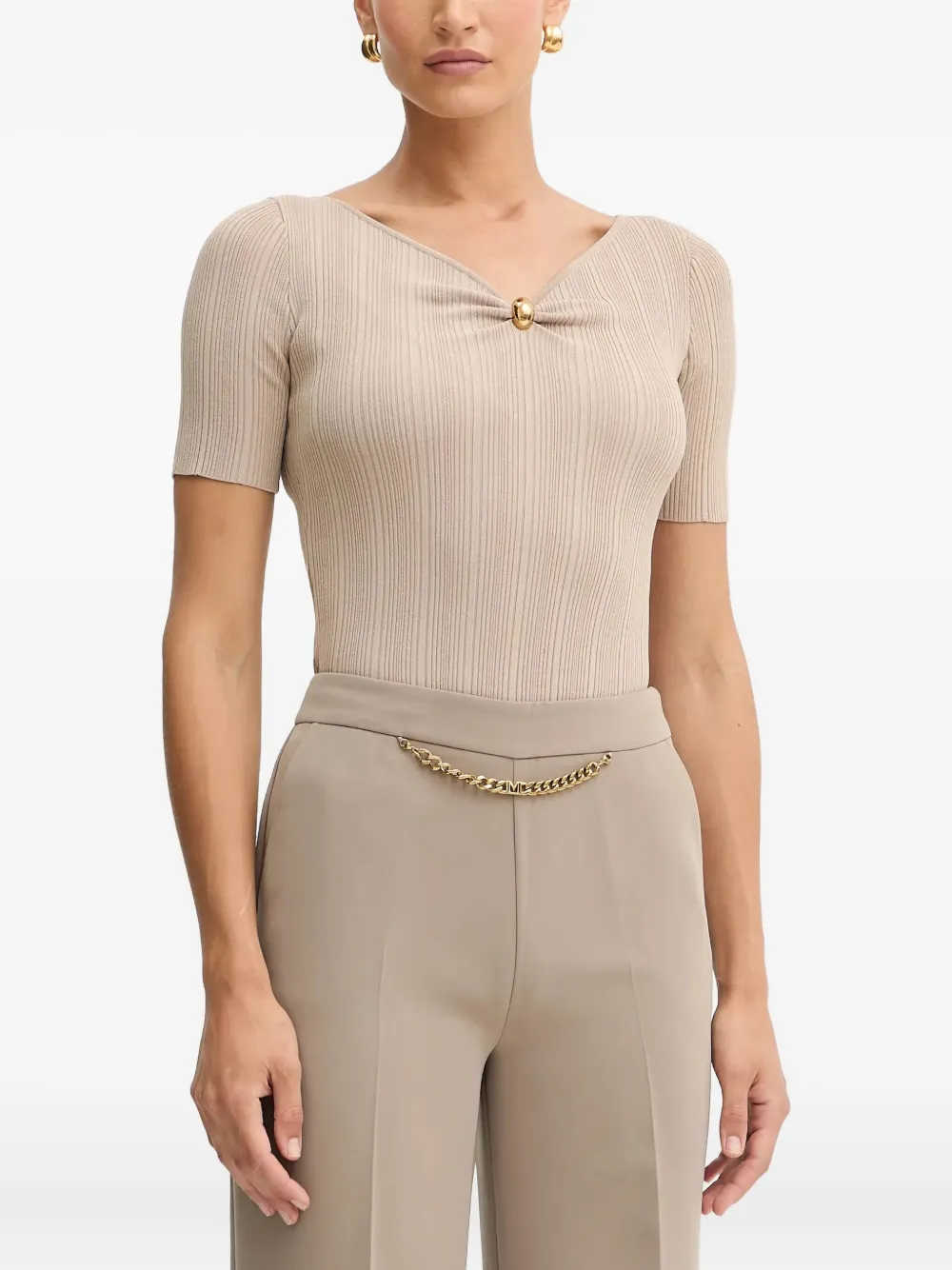 Marciano Ribbed Button-detail T-shirt In Neutral