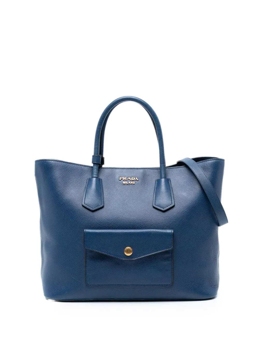 Pre-owned Prada 2013-2025 Saffiano Cuir Front Pocket Convertible Tote Satchel In Blue