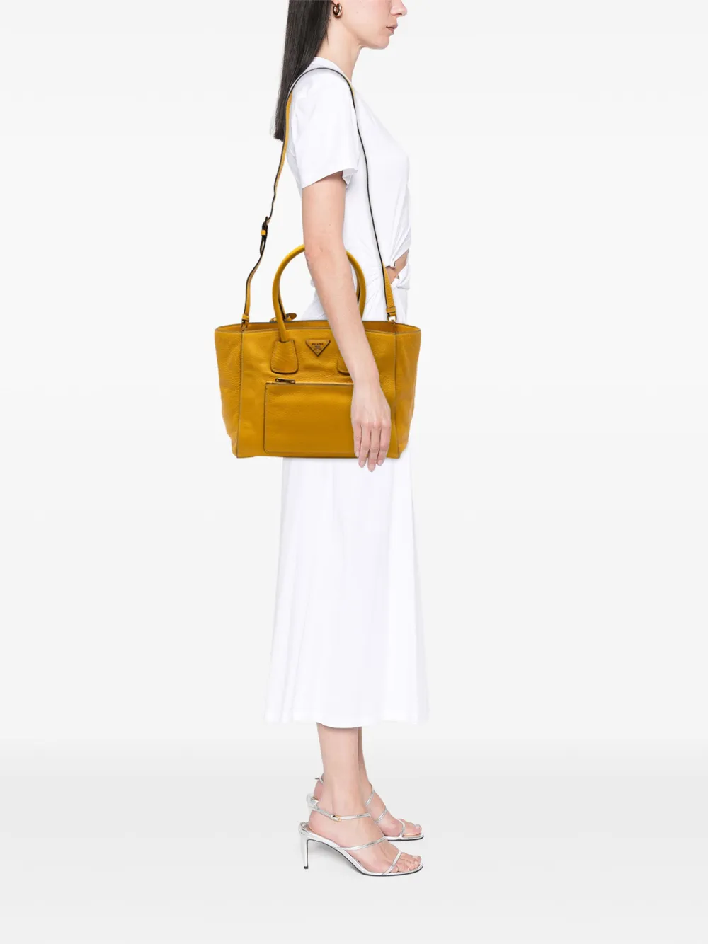 Pre-owned Prada 2010-2025 Vitello Daino Front Pocket Open Convertible Tote Satchel In Yellow