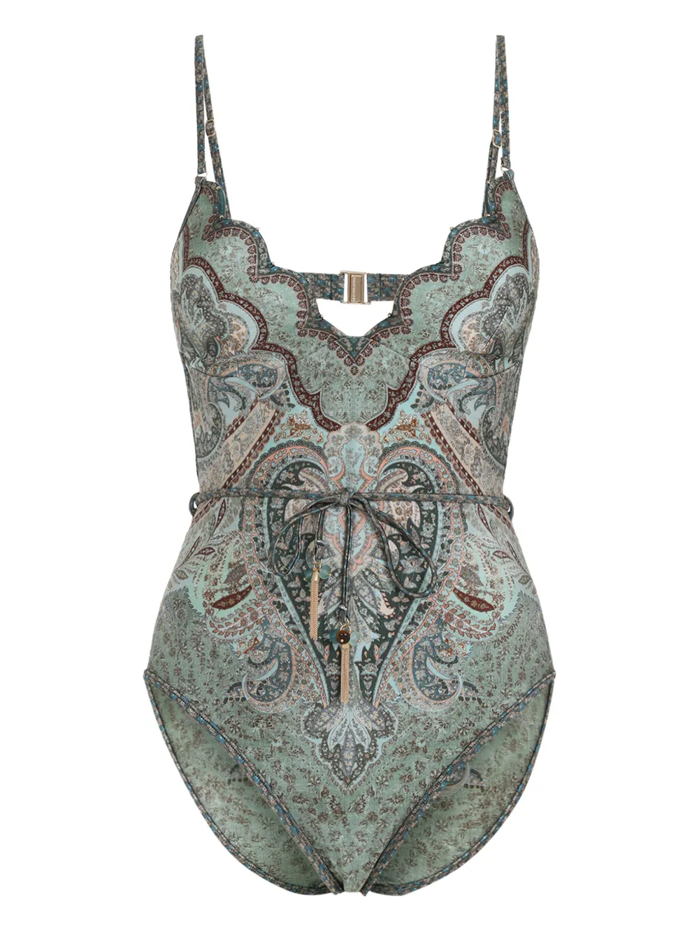 Zimmermann Wanderlust Scalloped Paisley Swimsuit In Green