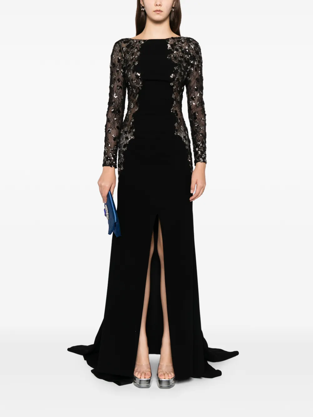 Saiid Kobeisy Verfraaide maxi-jurk met split - Zwart