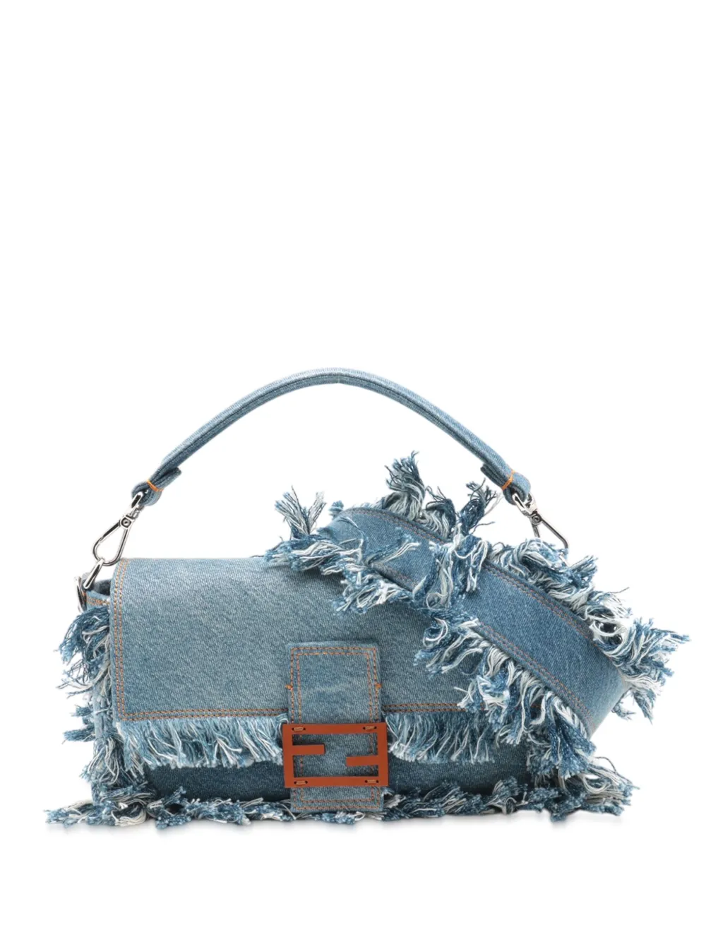 Pre-owned Fendi 2010-2025 Frayed Denim Baguette Satchel In Blue