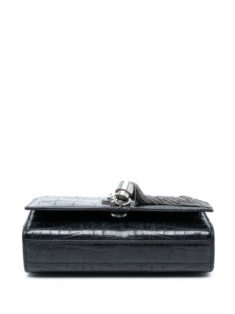 SAINT LAURENT Pre-owned 2015 Small Croc Embossed Leather Monogram Kate Tassel Crossbody Bag In Black