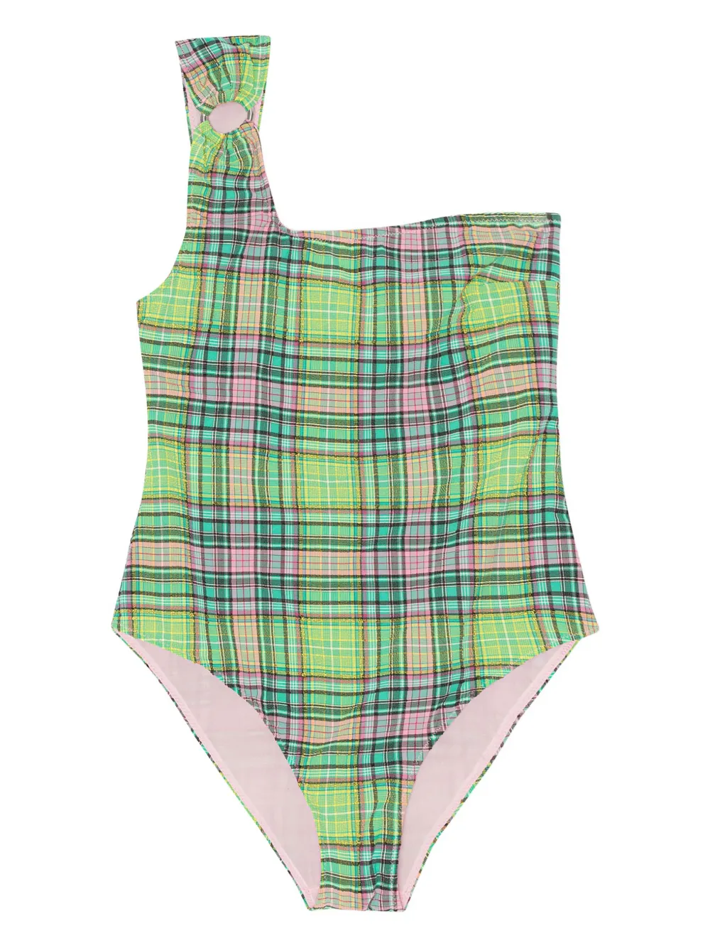 GANNI one-shoulder plaid-patterned swimsuit - Green