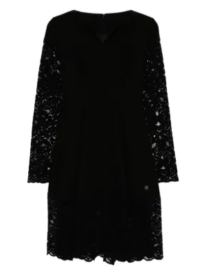 see thru black dresses Long-Sleeve Lace-Panel Draped Bodycon Mini Dress in Black - 10 / Regular main image 0