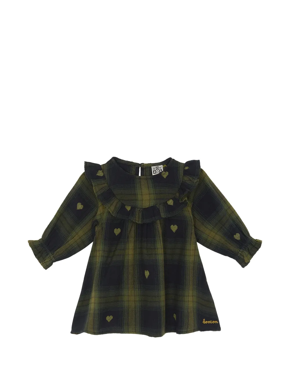 Bonton Minetta ruffled heart-motif checked dress - Verde