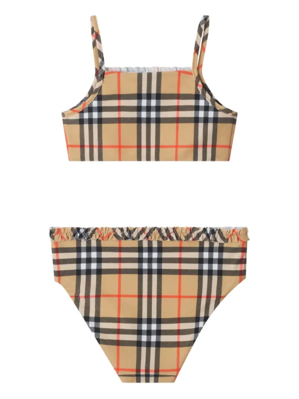 BURBERRY アーカイブベージュチェック 4Y 水着 Burberry Kids ラッフル チェック ビキニ | ニュートラル | FARFETCH JP