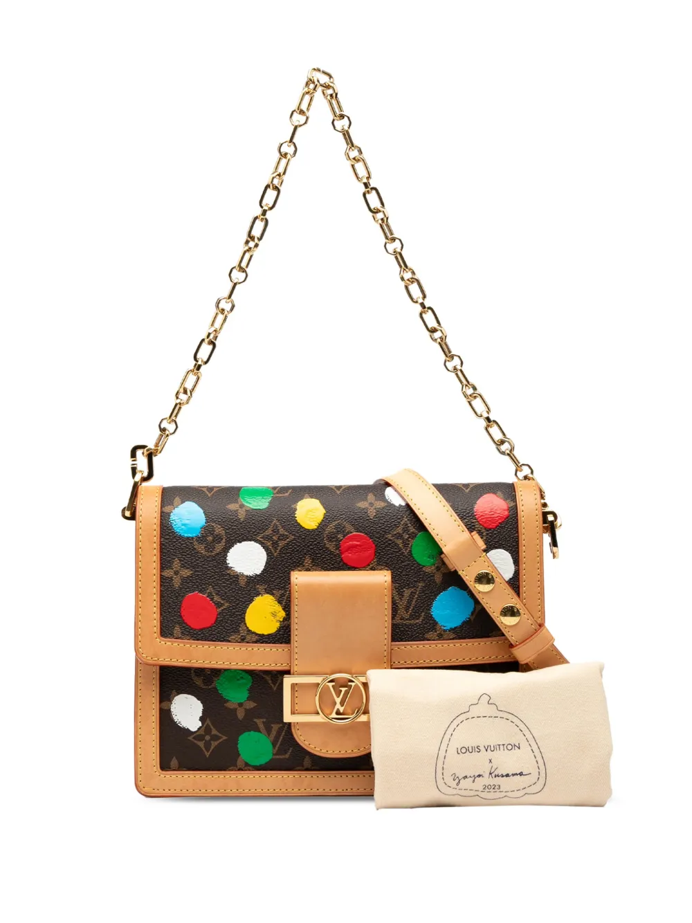 Pre-owned Louis Vuitton 2023 Yayoi Kusama Monogram Painted Dots Dauphine Mm Satchel In Brown
