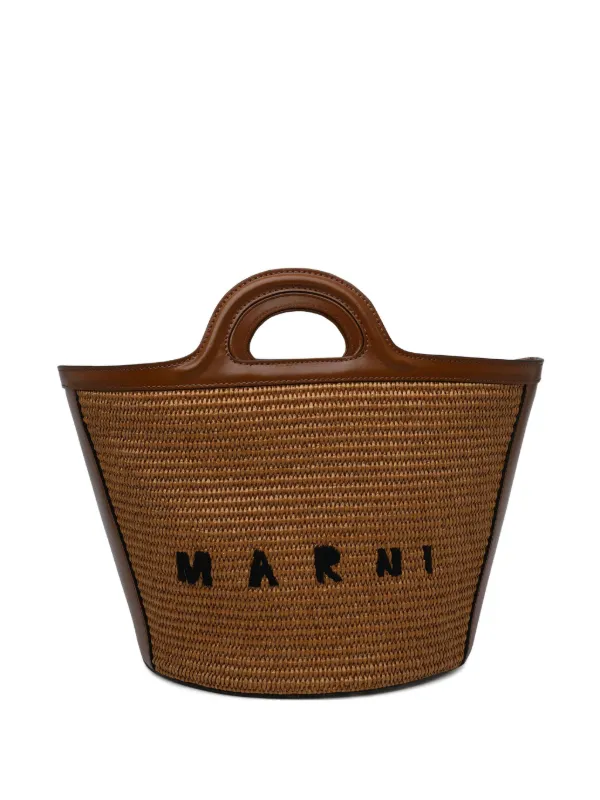 Marni Tropicalia Small Bag in Leather and Raffia-effect Fabric in Brown