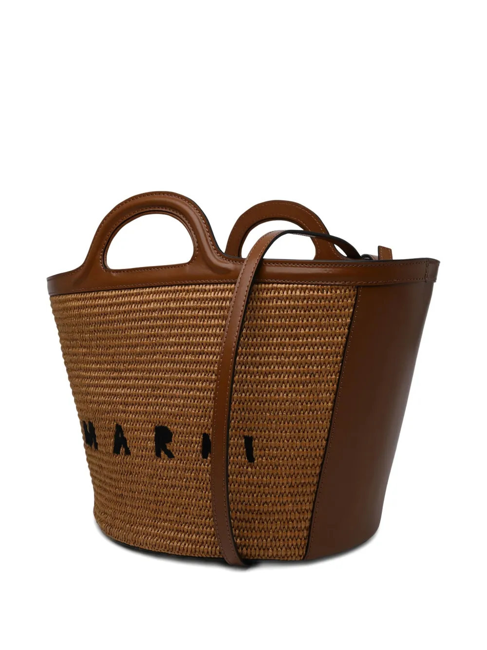 Marni Tropicalia Small Bag in Leather and Raffia-effect Fabric in Brown, view 3