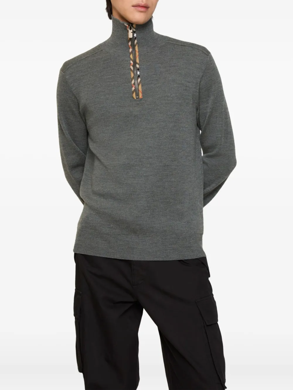 Burberry turtleneck check-trim half-zip sweater - Grijs