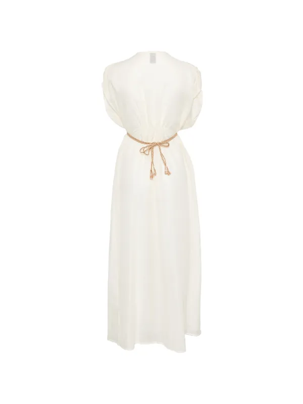 120% Lino Braided-tie Gathered-waist Maxi Dress - Neutrals 120% Lino Braided-tie Gathered-waist Maxi Dress - Neutrals