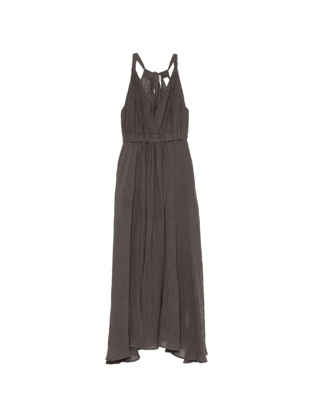 120% Lino halterneck pleated maxi dress - Marrone