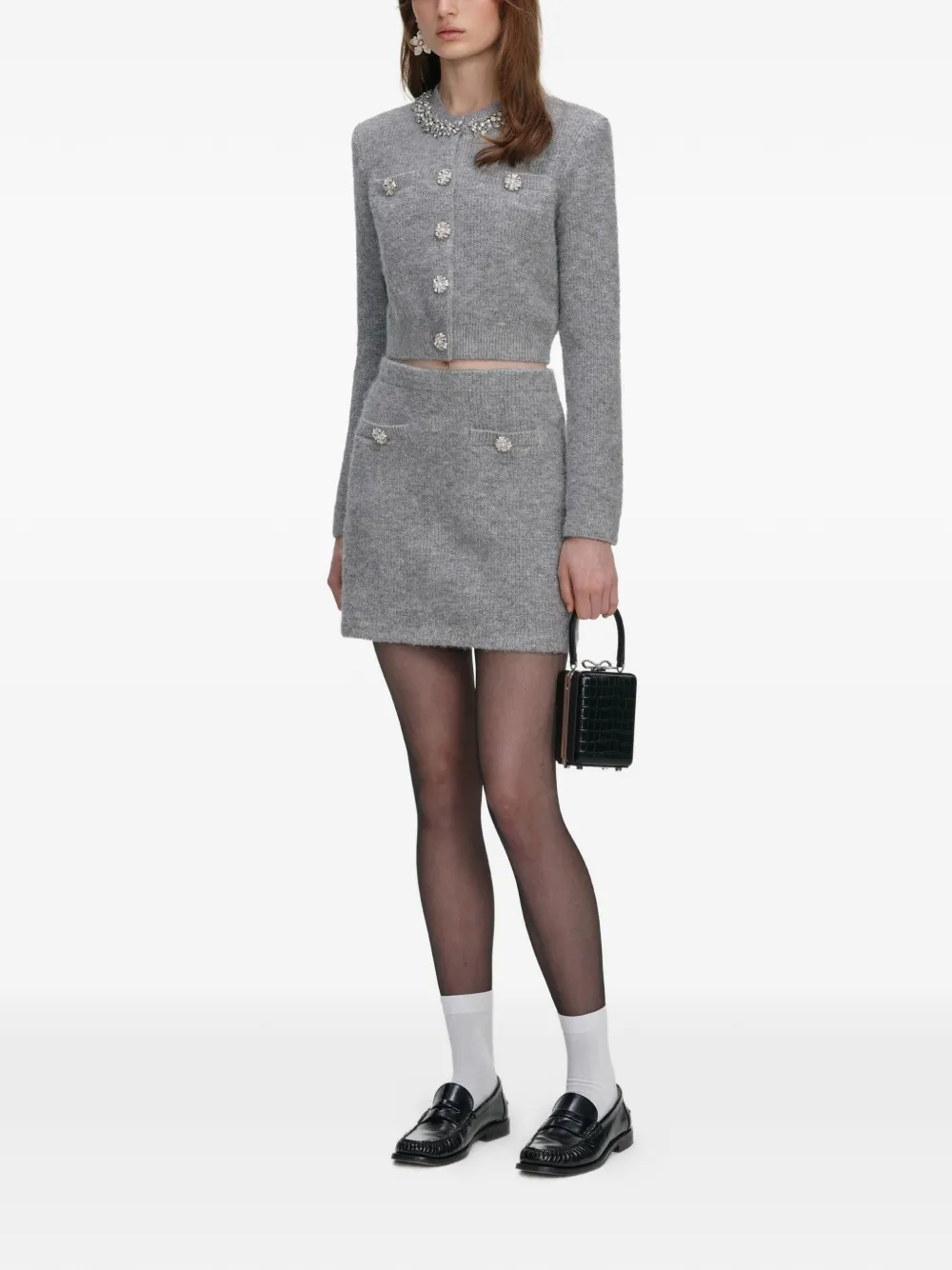 Self-portrait Grey Fluffy Crystal Trim Cardigan In Gray