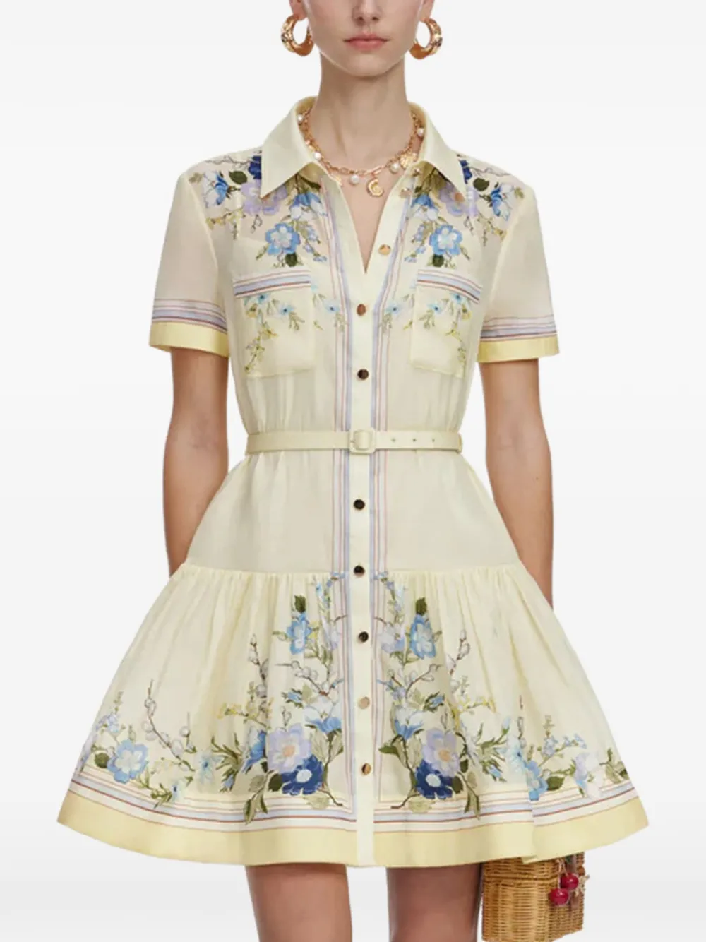 Self-Portrait floral-print belted shirt dress - Giallo
