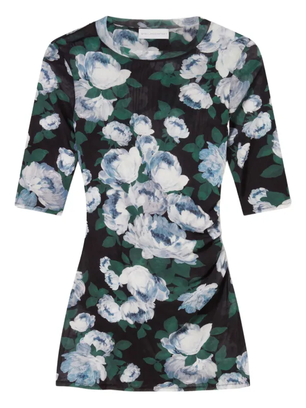Stella McCartney Floral Three-quarter-sleeve Mesh Top in Black