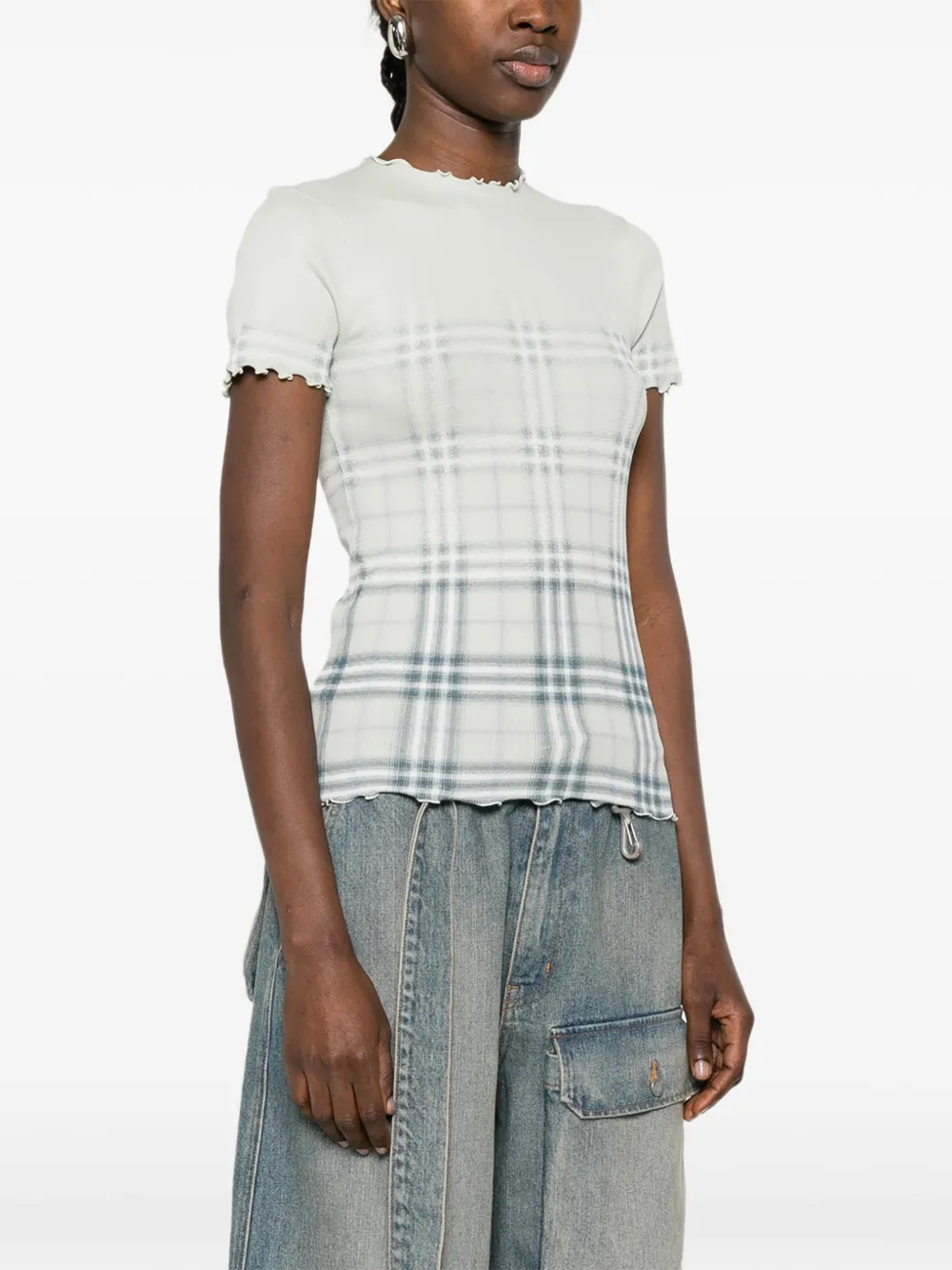  Burberry Ruffled-detail Check-pattern T-shirt - Green 