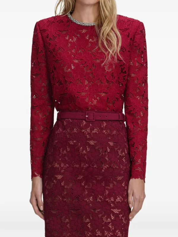 Self-Portrait Floral-relief Lace Skirt in Red