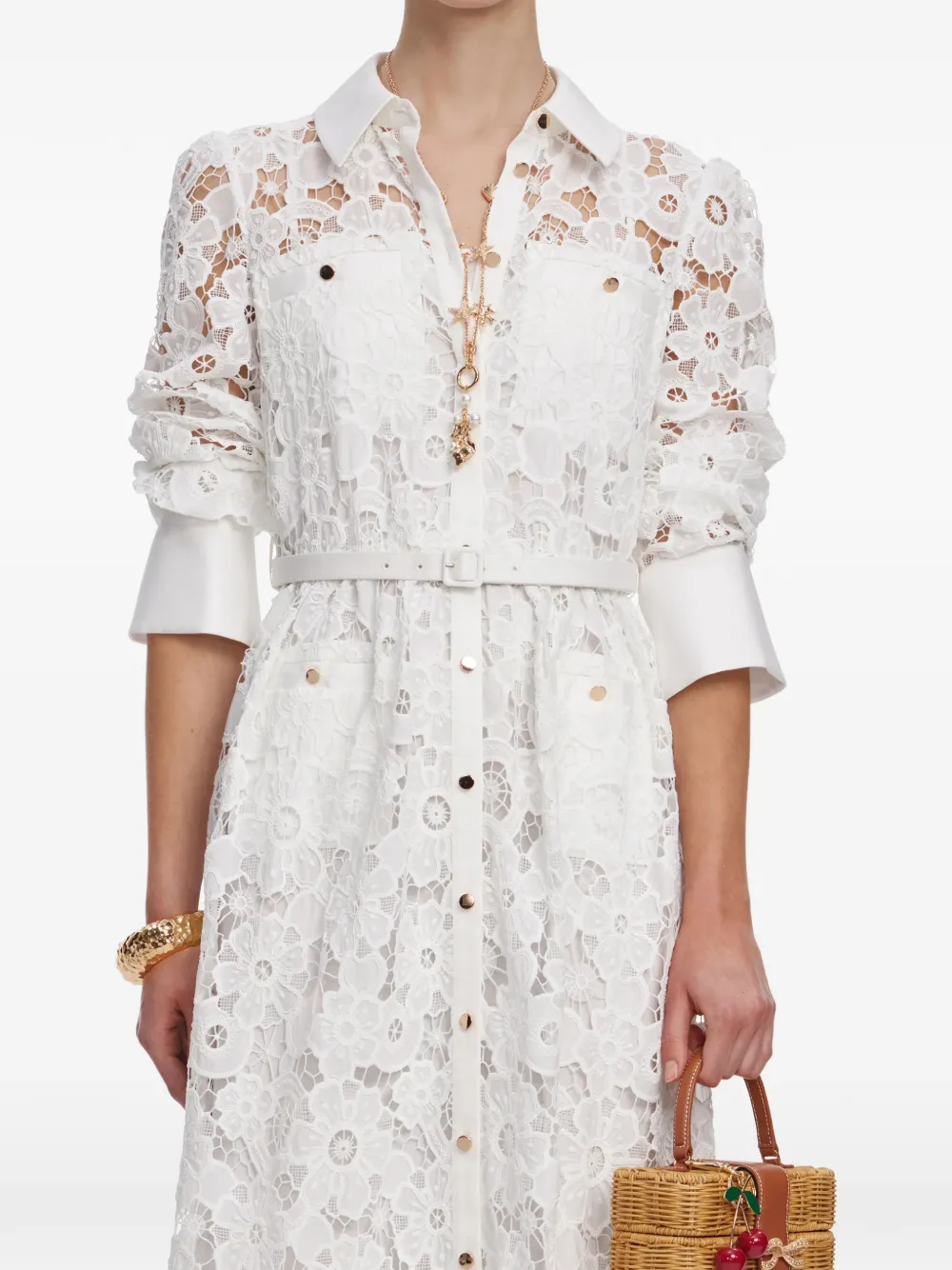 Self-Portrait floral-lace shirt dress - Bianco