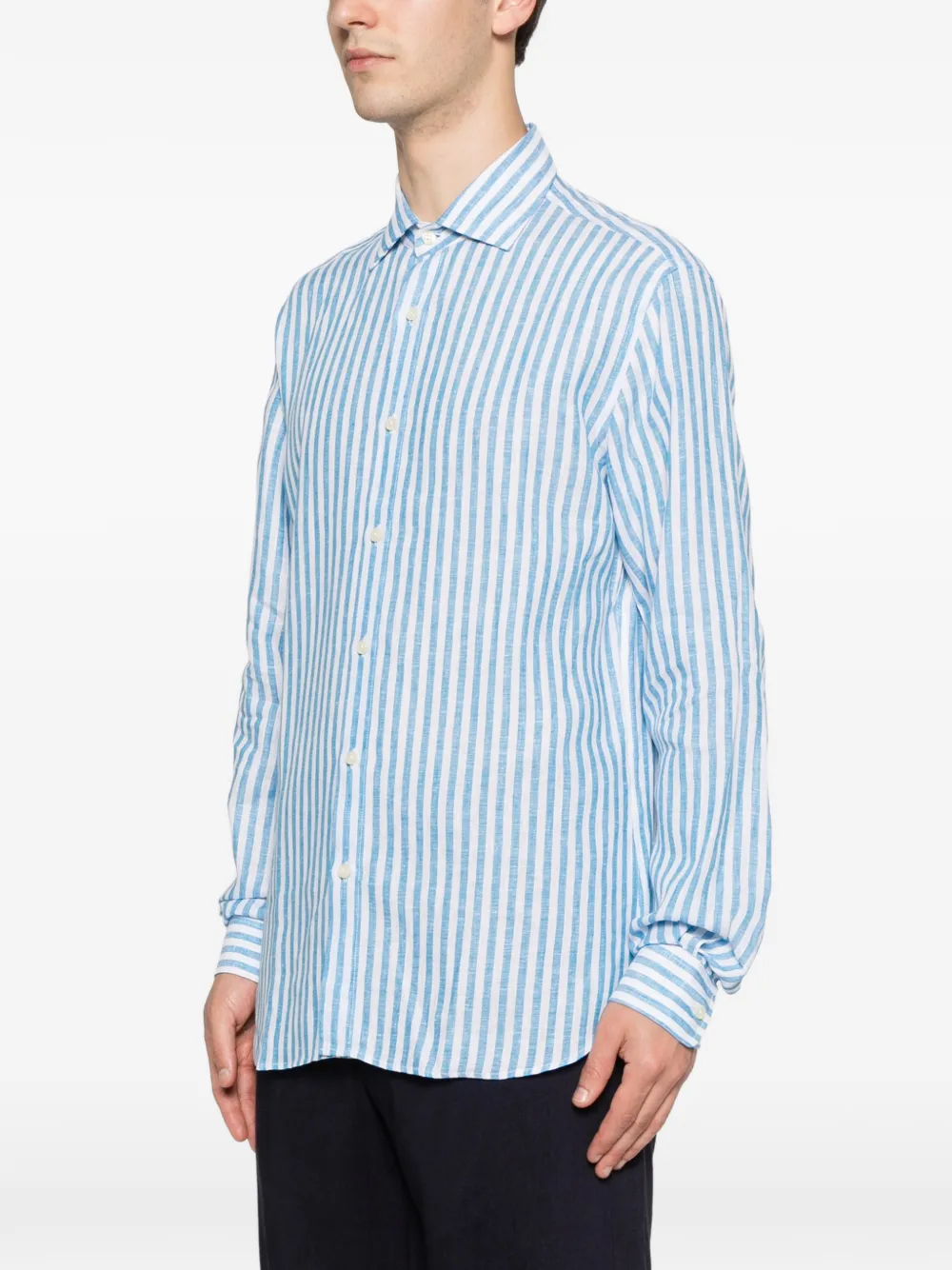  120% Lino Camicia In Lino A Righe - Blu 