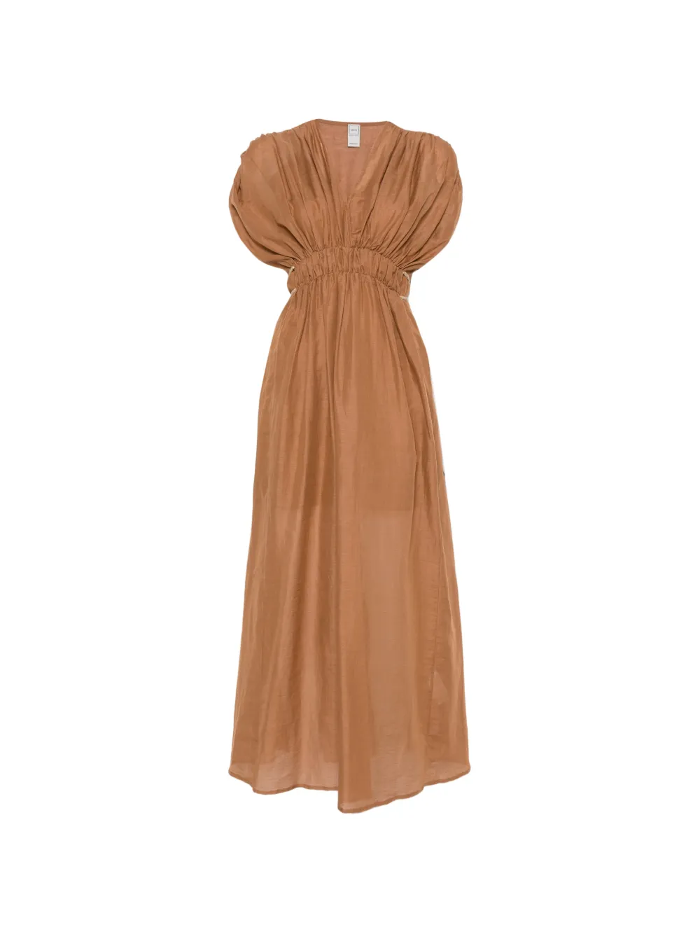 120% Lino gathered V-neck maxi dress - Marrone