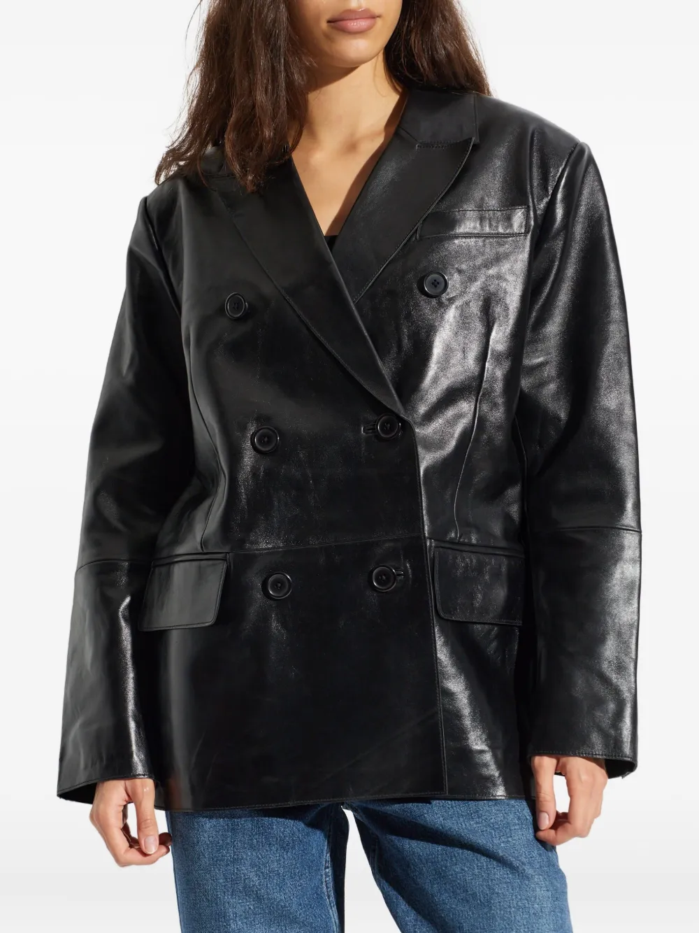 Stand Studio Double-breasted Leather Coat In Black