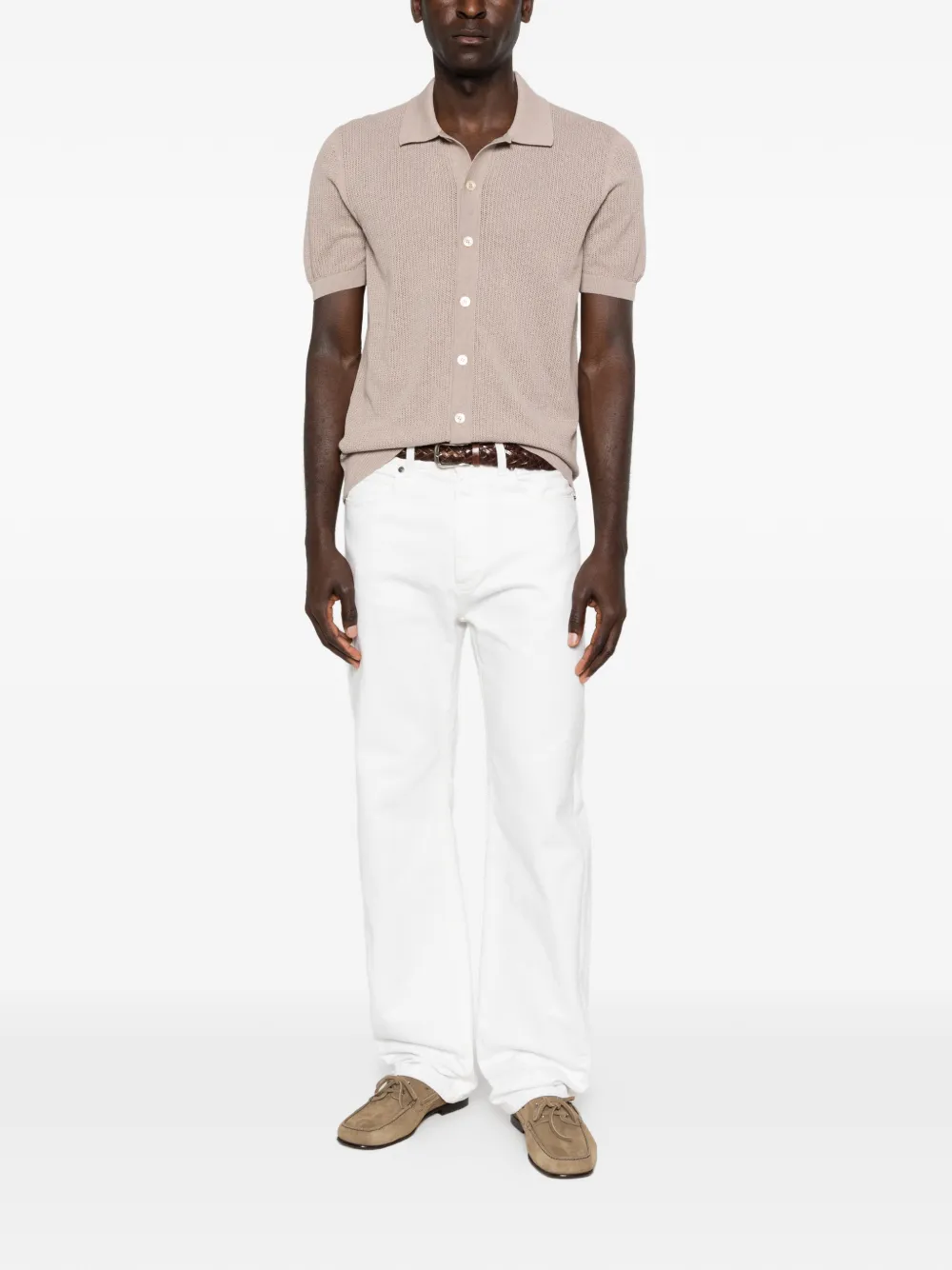 Tagliatore Geribbeld poloshirt met knoop Beige
