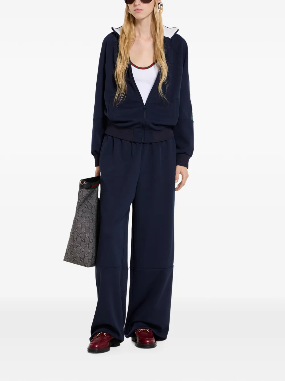 Gucci Trui met rits en geborduurd logo en Web-streep Blauw