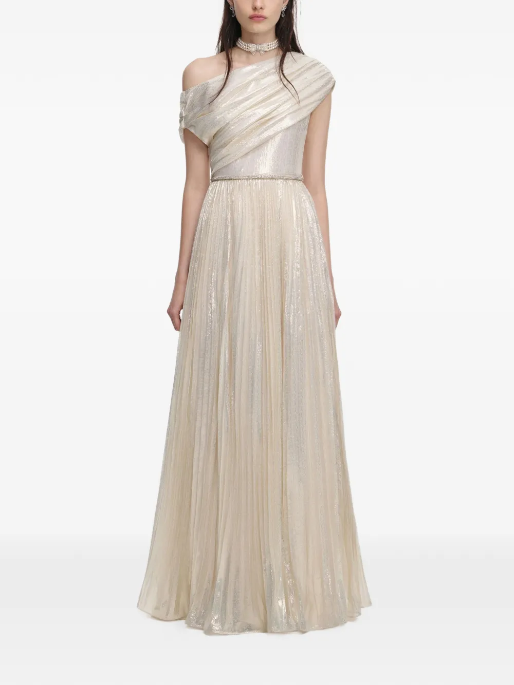 Self-portrait Pleated Maxi Dress In Neutral