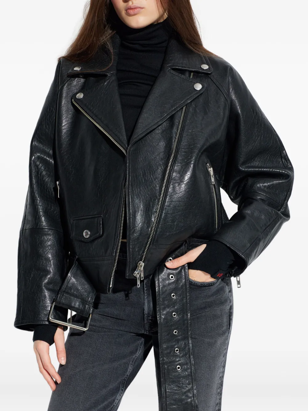 Stand Studio Romy Belted Leather Biker Jacket In Black