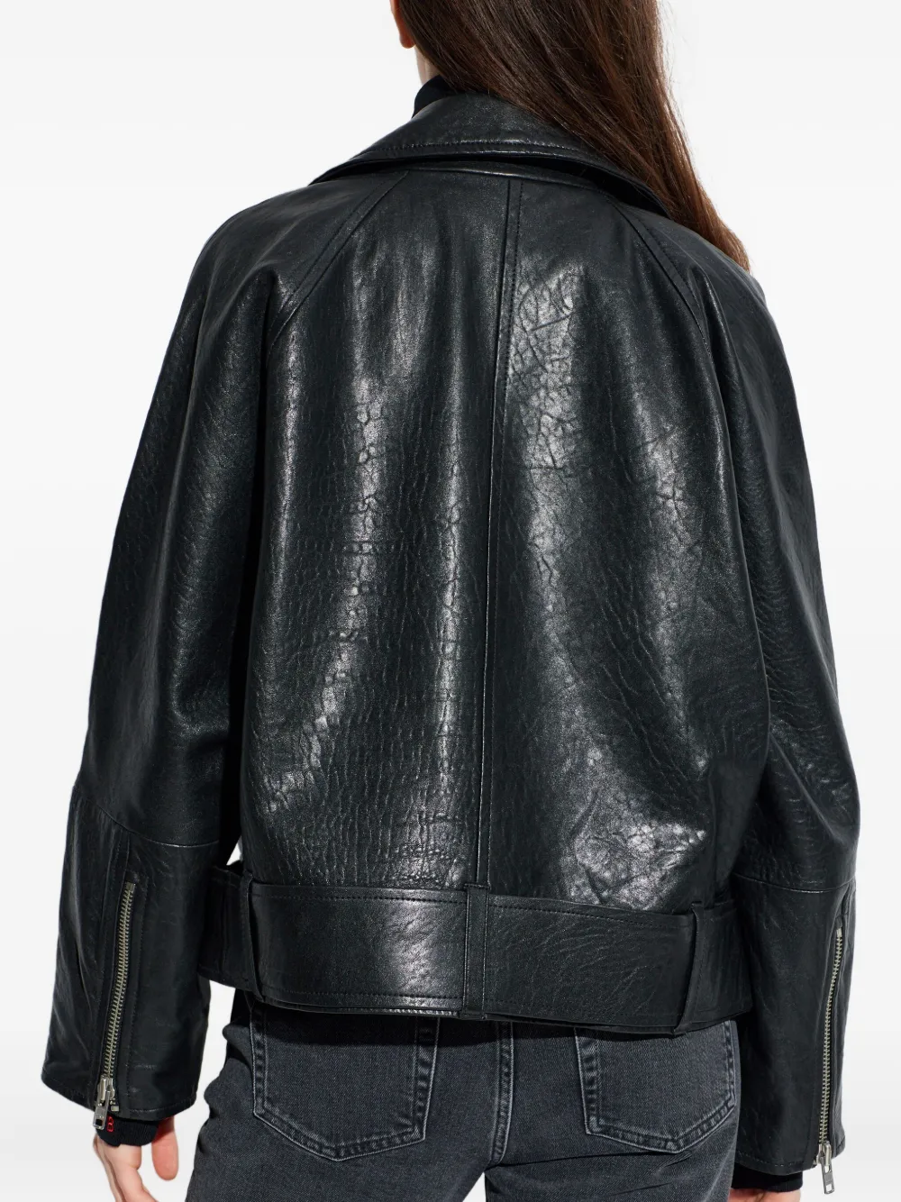 Stand Studio Romy Belted Leather Biker Jacket In Black
