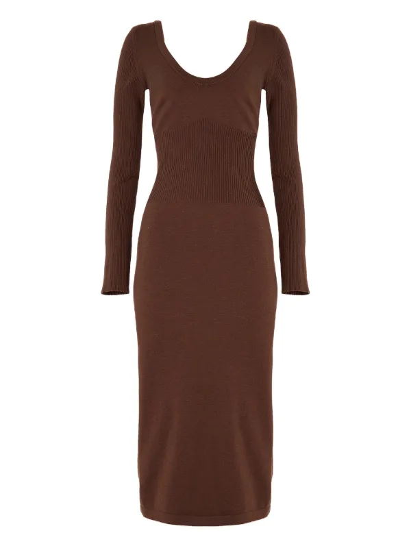 brown ribbed midi dress long sleeve Shop Solid Ribbed Midi Dress with Long Sleeves and Side Slit main image 1